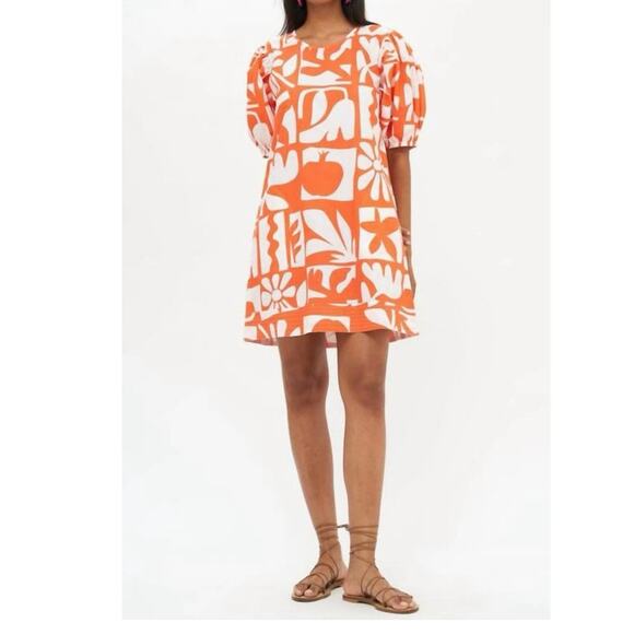 Oliphant RARE Puff Sleeve Crew Neck Mini Dress Orange Twiggy Print XXS Oversized - Picture 3 of 9
